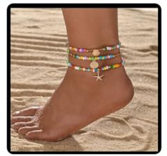 Jascatin 3pcs plage stratifié pétoncles d'or étoile de mer cheville arbre de paix pendentif cheville bracelet graines plage d'été élastique femmes pieds bijoux (Multicolore)