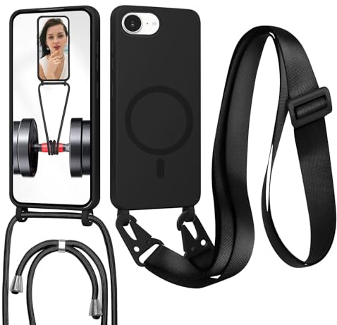 GoodcAcy Crossbody-fodral med snodd för iPhone 16E/iPhone 17E, [Kompatibelt med MagSafe] Magnetfodral med justerbar och avtagbar halsrem, anti-fingeravtrycksskydd, svart