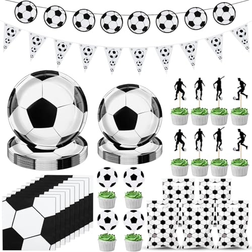 Fzyisw 80 stycken bordsset för fotbollsfest, fotbollsdekoration, barns födelsedag, fotboll, pappersfat, servetter, presentpåsar, faner och tårtdekoration