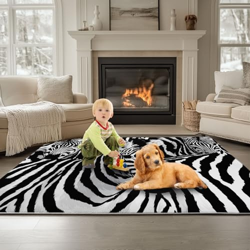 Generisch Schwarz Und Weiß Waschbarer Kurzflor Teppich, Tier Zebra-Texturmuster Weicher Rutschfester Teppich, Kurzflor Bedruckter Läufer für Innenbereich Wohnzimmer Schlafzimmer 120 x 180 cm