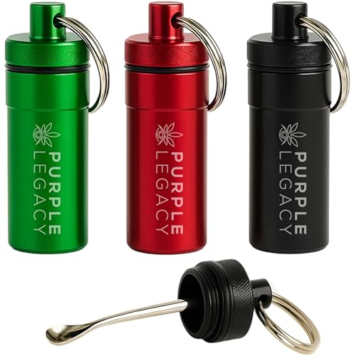 PURPLE LEGACY 3er Set Aluminium Pillendose mit Schlüsselanhänger– Mini Aufbewahrungsbehälter mit Schraubdeckel – 55×20 mm – Reise-Container für Tabletten, Vitmine & Kleinteile