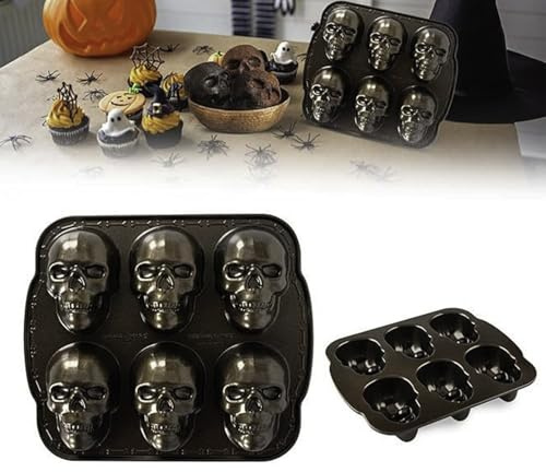 Totenkopf Backform Halloween, Aluminium Totenkopf Pfannes, 6 Vertiefungen 3D Schädel Backform Für Pizza, Antihaftbeschichtete Schädel Backforms In Skelettkopfform, Für Muffins, Kuchen, Süßigkeiten