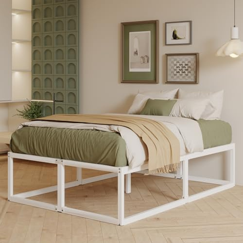 EMODA 46 cm Hohes Doppelbett 120x200 cm, Stabiles Metallbett | Mit Stahlgitterträger, Großes Stauraum unterm Bettgestell, Geräuschfrei, Einfacher Aufbau, Weiß