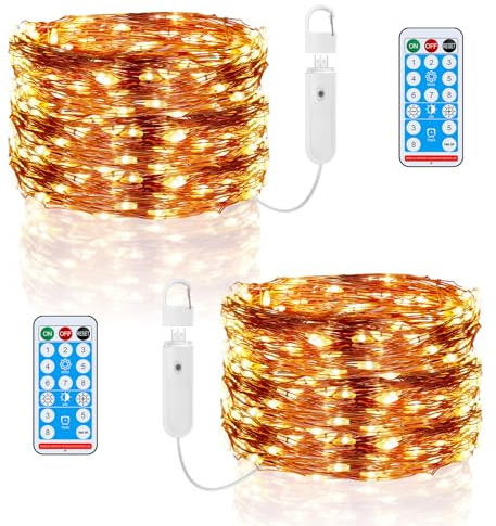 Philorn Lot de 2 mini guirlandes lumineuses de 10 m - 100 LED - Avec batterie - 8 modes/minuterie/télécommande - Rechargeable - IP44 - Pour bricolage, mariage, Noël (blanc chaud)