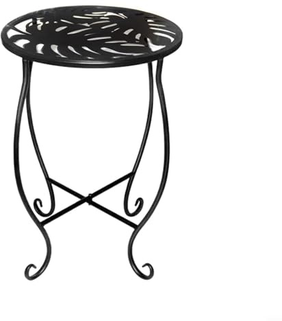 FABULETTA Soporte de metal para plantas de 8 pulgadas, mesa auxiliar redonda de hierro con patrón Monstera para interior/exterior, balcón, mesa auxiliar pequeña