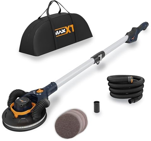 MAXXT Brushless Trockenbauschleifer - 4mm Exzentrik, Dual-Kanal Deckenhaftung, Einzel-/Dualkanal für Trockenbauwand, 4000-8500 U/min, LED-Licht, klappbar, 400W, 1,65M lang, 215mm Pad