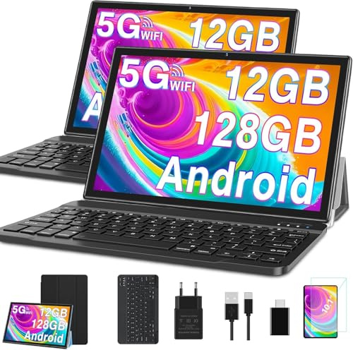 SUAAT Tablette 10 Pouces Android avec 12Go RAM + 128Go ROM (2To TF), 5G/2.4G WiFi, Quad-Core, GPS, Bluetooth 5.0, 8MP + 5MP, Type C, Tablette Tactile avec étui, Clavier et Souris - Noir