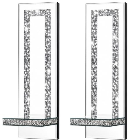GreenWhim 2PCS Crush Diamond Mirrored Candle Sconces,Wall Candle Holders