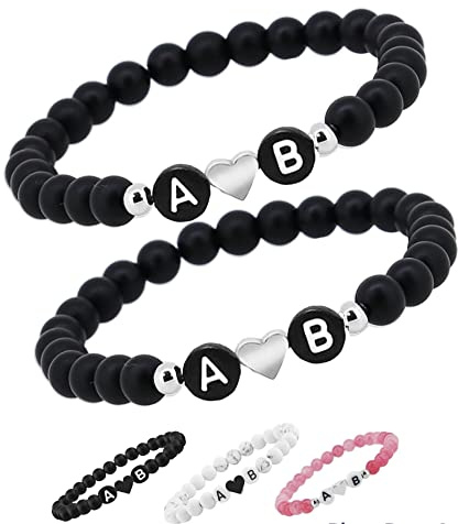 2x Personalisierte Pärchen Namensarmbänder Herz | Partnerarmbänder couple Edelsteine 6mm | Perlenarmband individueller Buchstaben Armband A-Z Freundschaftsarmband Liebesarmband Geschenk für Paare