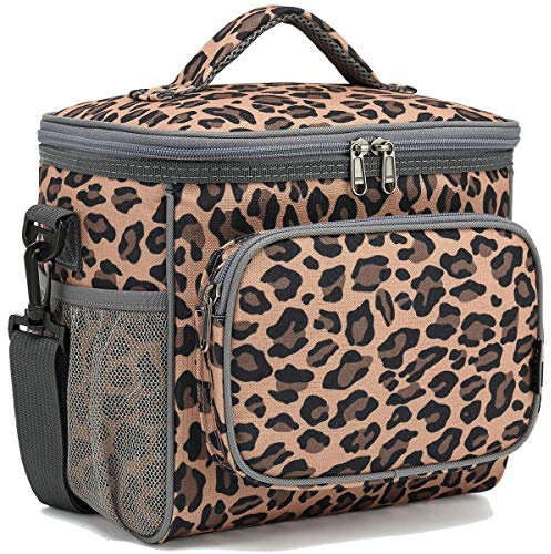 FlowFly Insulated Reusable Lunch Bag Adult Large Lunch Box for Women and Men with Adjustable Shoulder Strap,Front Zipper Pocket and Dual Large Mesh Side Pockets,Leopard