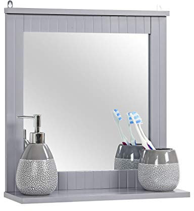 Taylor & Brown Wood Framed Wall-Mounted Mirror, Bathroom Mirror with Shelf, Hanging Vanity Mirror, for the Living Room and Bathroom (Grey)