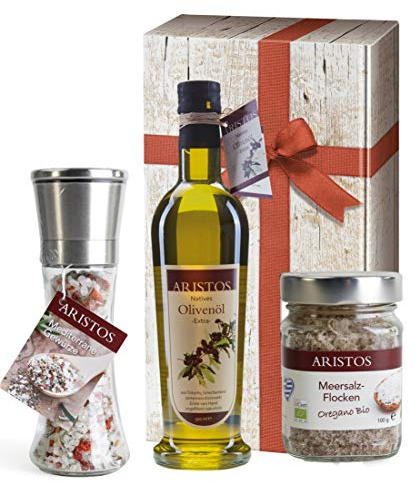 Weihnachts Geschenk-Set mit Olivenöl Salz-Flocken und Salzmühle Griechisches Geschenk (Öl-Salz-Flocken)