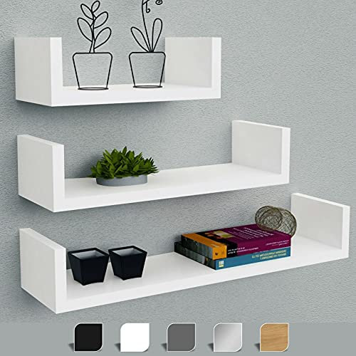 HOMION Floating Shelf Set Of 3 Different Sizes U Shape Wooden DIY Display Unit Shelves U shaped Wall Mount Shelf Living Room Kitchen Garage Caravan Camping Room Storage Shelves (White)