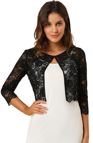 Allegra K Damen Spitzenbolero 3/4 Arm Blumenspitze Bolero Tops | Elegantes Oberteil mit Offener Vorderseite Bedeckt das Kleid