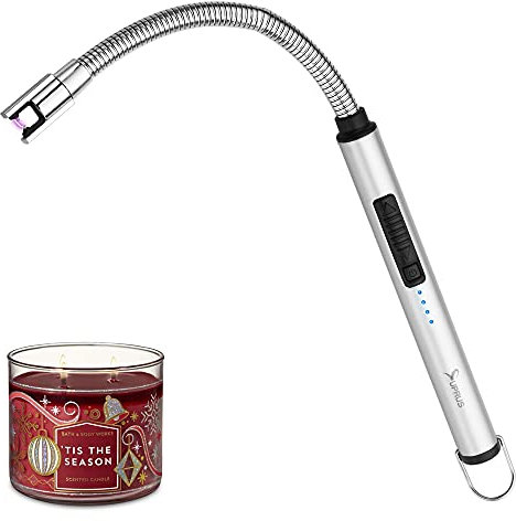 SUPRUS Accendino a candela, ricaricabile, ad arco elettrico, triplo accendino di sicurezza, alloggiamento in acciaio inox e gancio di sospensione con collo flessibile a 360° (argento)