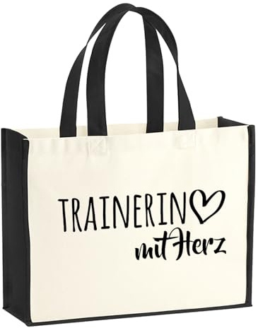 Huuraa Jutetasche Trainerin mit Herz Geschenk | Großer Shopper 21 Liter Juteshopper Black Tasche aus Jute und Baumwolle Einkaufstasche Geschenkidee Tragetasche mit Motiv