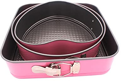 MissFox Set of 3 Cake Tin Set, Non-Stick Springform Cake Tins, Quick Release Cheesecake Tin with Removable Bottom, Heart/Round/Square (8/9/10), Pink