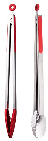 UPTALY 2 x extra lange Grillzange (45 cm, rot), Edelstahl-Grillzange mit Silikonköpfen, große Lebensmittelzange, dicke Steakzange, verlängerte Servierzange zum Kochen, Grillen, Buffet