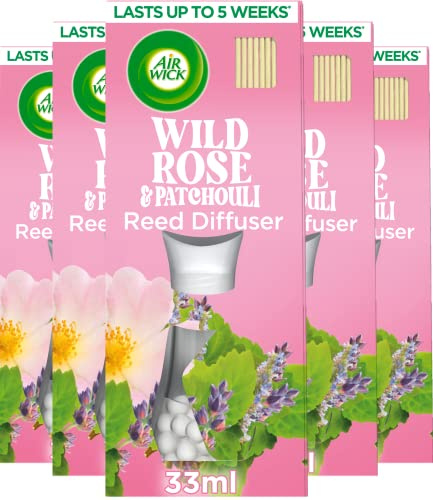 Air Wick Air Freshener Reed Diffuser | Fragrance: Wild Rose and Patchouli | Room Air Freshener | Size: Pack of 5 x 33ml | Usage: Lasts up to 4 weeks / 20 weeks total