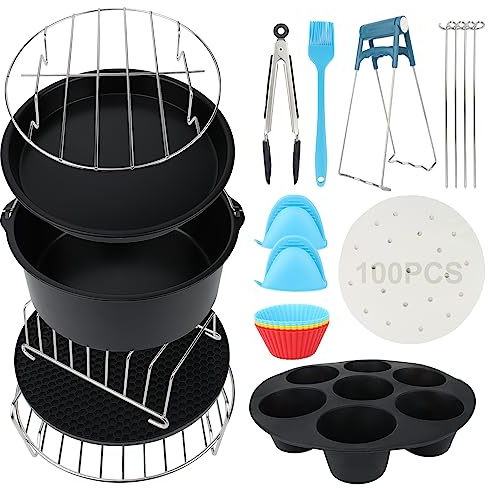 RISVOWO Heißluftfritteuse Zubehör,13-teiliges Set Heißluftfritteuse Zubehör, 12 Stücke+100 Backpapier für Heißluftfritteusen für L XL Gowise Phillips Cozyna Heißluftfritteuse