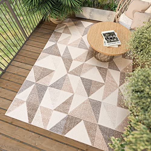 Mazovia Tappeto per Esterni e Interni - Tappeto da Esterno Impermeabile - Tappeto per Terrazza, Giardino, Balcone - Tappeto Pelo Corto - Geometrico - Beige 120 x 170 cm