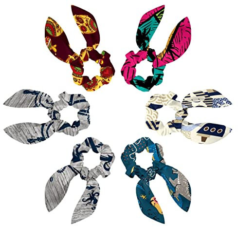 6PCS Hair Scarf Scruncheis for Women Girls, Ribbon Bow Elastic Hair Ties Bands Satin Hair Ribbon Scrunchy Ponytail Holder Accessories,Palm Trees in Colorful Geometry