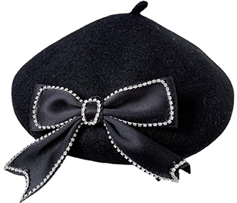 Schöne Baskenmütze, elegante schwarze Schleife, Barett mit Strass, Beanie-Mütze, Malermütze, französische Baskenmütze für Damen und Mädchen, Schwarz , Einheitsgröße