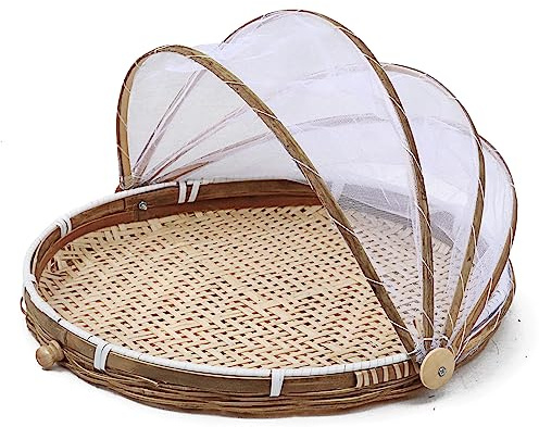 URFEDA Corbeille à Fruits en Bambou avec Protection Anti-mouches, Panier de Fruits Plateau Tissé en Rotin, Plateaux Alimentaires Rond, Panier d’osier Rangement pour Pain, Fruits, Légume (40cm)