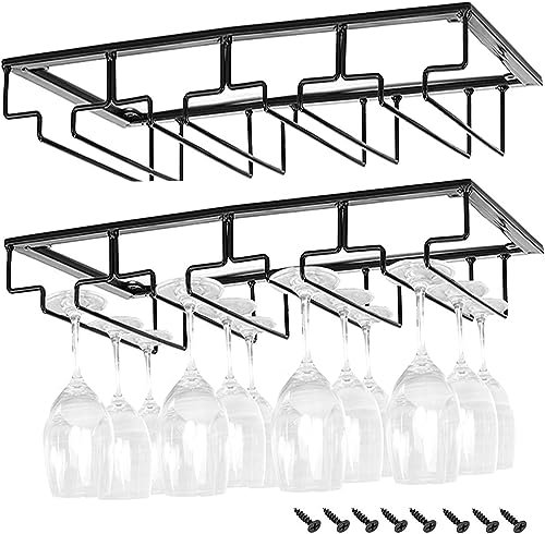 FIAMER Unter-Schrank Weinglashalter, Metall Gläserhalterung für Stielgläser, Hängender Weinglasregal für Küche, Bar und Restaurant (Schwarz, 4 Rows 2 Packs)