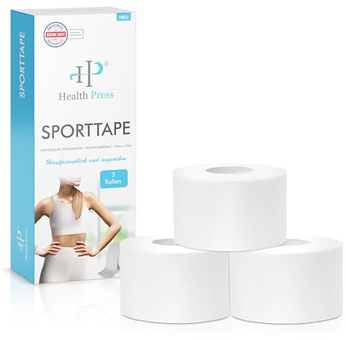 Health Press Sporttape - 3 Tape Rollen (3,8cm x 10m) - Sporttape weiß - reißbares Profi Sport Tape - Sport Tapeverband für alle Sportarten