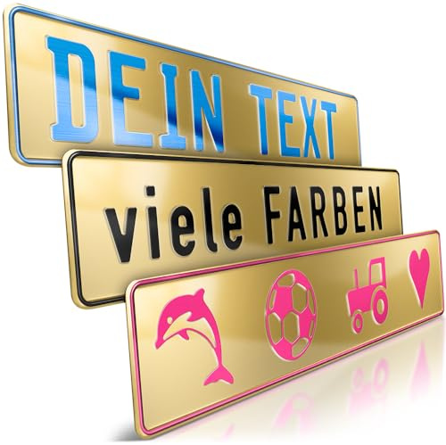 1 Fun-Schild geprägt | Metallic Gold mit Wunschtext bis zu 16 Zeichen | Individuelles Fun-Kennzeichen aus Aluminium | Namensschild | Auto-Kennzeichen | Optional Löcher & Saugnäpfe
