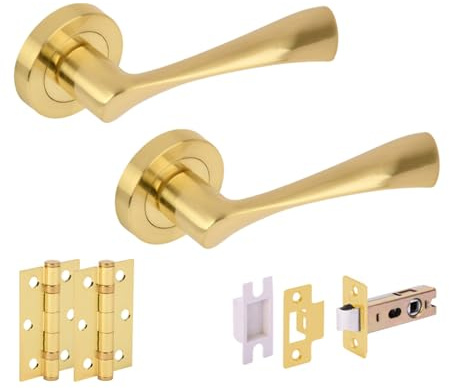 Hunta HANDLEZONE® Zena Internal Door Handle Latch Pack, Complete with Lever On Rose Handles, Latch, Ball Bearing Hinges - Brushed Brass