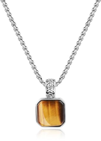 COAI Collar para Hombre con Cadena de Acero Inoxidable y Colgante Cuadrado de Ojo de Tigre Piedra Natural 50cm