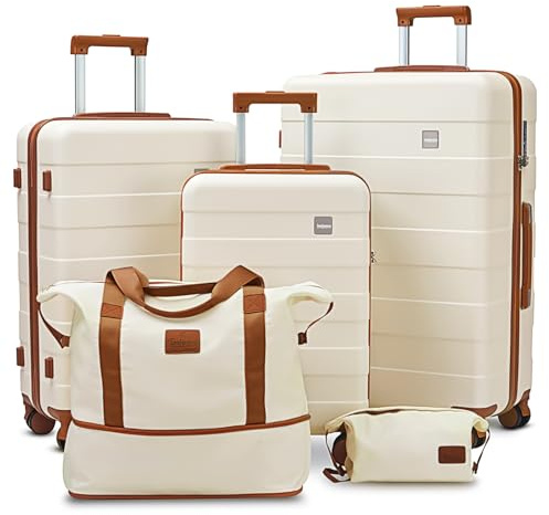 imiomo Kofferset 5tlg Hartschale mit 4 Rollen und TSA-Schloss Der Gepäcksets Enthält 1 Reisetasche und 1 Tragbare Tasche (Weiß, 5PCS)