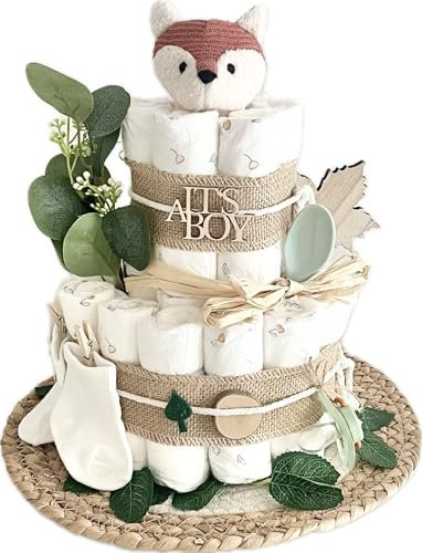 Windeltorte mit Fuchs, Schnuller Babyaccessoires Eukalyptusblätter und Dekoration, Name Personalisierbar Jungen & Mädchen, Its a Boy/Girl, Babyshower Gender-Reveal Baby-Party Geschenk Geburt Deko