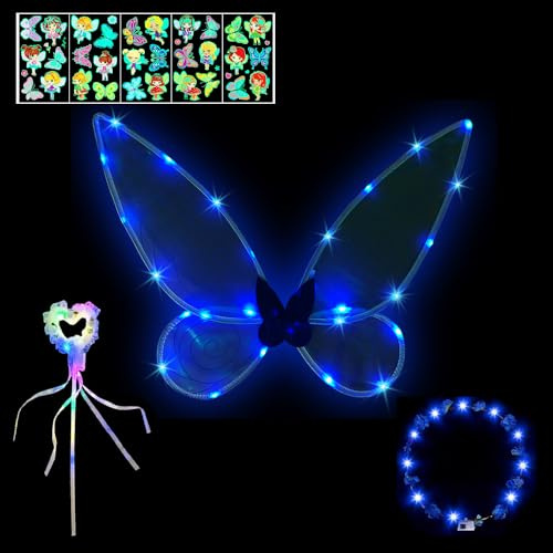 HIQE-FL LED Feenflügel Leuchtende,3 Stück Elfenflügel Set,Feen Flügel Wings Kinder,Feenflügel Erwachsene,Flügel Fee,Karneval Flügel,Cosplay Kostüm,Halloween Flügel(Blau)
