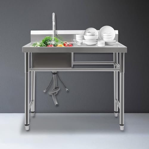 Edelstahl Spülbecken Freistehend, 1 Becken Gastrospüle Spültische Spülbecken Waschbecken Spülen 100x60x 93cm Spültechnik mit Wasserhahn für Wäschereien, Geschäften, Hauswirtschaftsräumen
