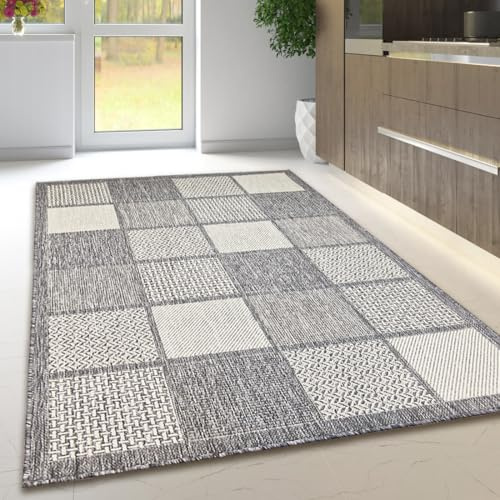Viva Rugs Non Slip Rug Kitchen Living Room Fat Weave Check Carpet Small Large Runner Mat (120x160cm - 4'x5'3 ft, Grey Checkered)
