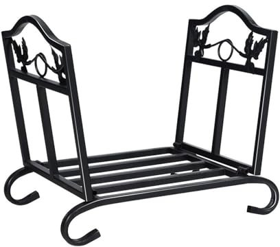 Portalegna da ardere resistente con cesto in ferro battuto, per interni ed esterni, con supporto per legna