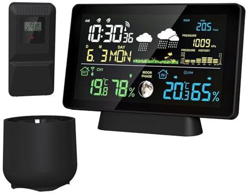 RUHEN Estación meteorológica con Pantalla a Color Multifuncional, Reloj Despertador, pronóstico de Temperatura y Humedad para Interiores y Exteriores