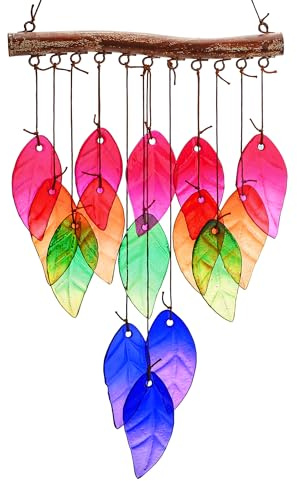 H&D HYALINE & DORA Carillon éolien en verre attrape-soleil pour l'extérieur 58,4 cm Carillon à vent coloré en feuilles de verre pour l'extérieur Carillon à vent suspendu en verre pour la maison, le