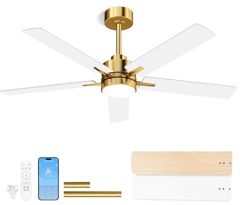 LANMEL Metal Ceiling Fan with Lights and Remote, 52 Inch, Gold & White | Modern Low Profile Flush Mount, Reversible, 3CCT Dimmable, Quiet, LED, For Bedroom, Living Room, Indoor/Outdoor Patio Use