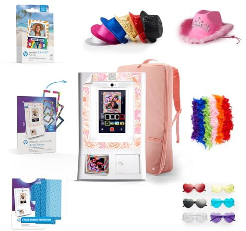 HP Sprocket Photo Booth Machine Instant Color Photo Printer (White) + Zink Paper (100 sheets) + Case (1)+ Sticker Frames (15) + Screen Protector (2) & more