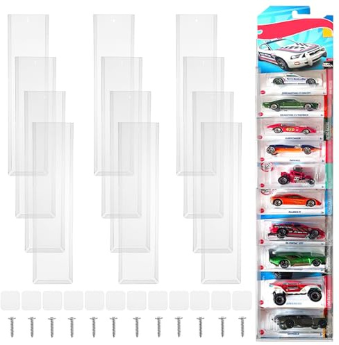 Rainmae 12 PCS Model Car Display Case Wall Mount 11.2x42.5cm Diecast Blister Packed Toy Car Organizer Holds Up to 100 Cars,Compatible with Hot Wheels Matchbox Packaged Cars