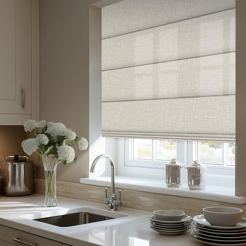 Sulugood Cordless Roman Shades for Windows - Custom Size Beige, Light Filtering Roman Shades Fabrics, Roman Blind for UV Protection Thermal Insulation for Bedroom, Living Room, Office