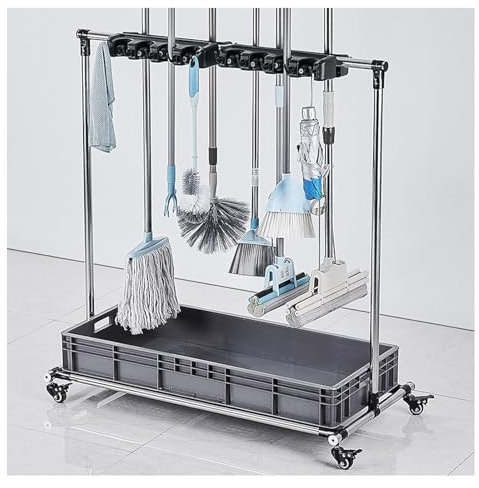 Carrello porta-scope e mocio per la pulizia, organizzatore di prodotti per la pulizia, scaffale porta-attrezzi da giardino e garage, prodotti per la pulizia della casa, per scuole, giardino, garage,
