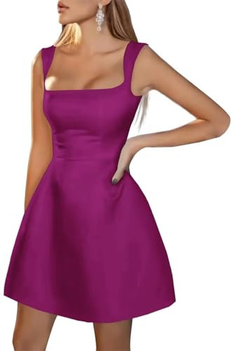 Vestidos cortos de satén para adolescentes, vestido de cóctel, graduación, acampanado, cuello cuadrado, vestidos de fiesta de boda, fucsia, 38