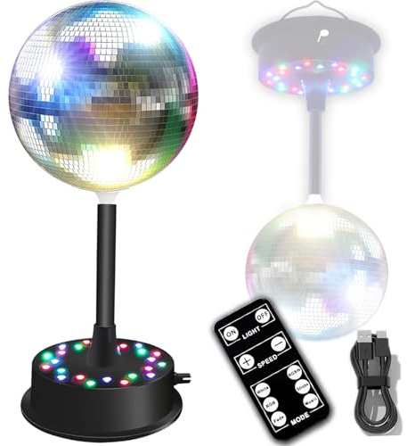 Mirrors Ball Light with Remote, 23 RGBW LED Adjustable Rotating Motor 5-10 RPM with 6-Inch Silver Mirror Ball with Multi Light Mode and Voice Control for Parties, Home Decor