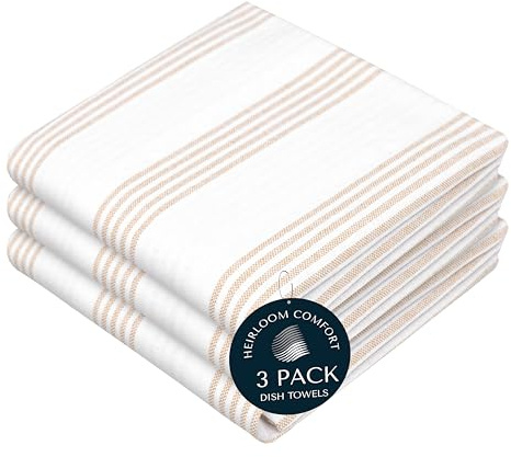 HEIRLOOM COMFORT Beige Stripe Kitchen Towels, 3 Pack, 100% Cotton, Super Absorbent and Quick Dry, Multi Pin Striped Towel Set, Durable Dish Cloths for Kitchen Use, Cleaning & Drying Dishes