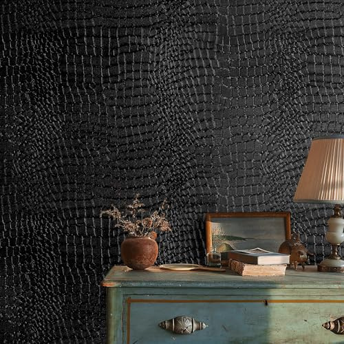 Yomshi Krokodil-Tapete, schwarz, zum Abziehen und Aufkleben, selbstklebend, entfernbare Vinylfolie, geprägt, blasenfrei, selbstklebende Rückseite, Kunststoff für Schrank, Badezimmer, Schlafzimmer